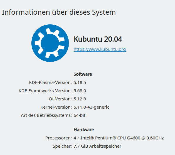 Ausgabe des KDE-Infocenters mit Angaben zu Prozessor und Speicher